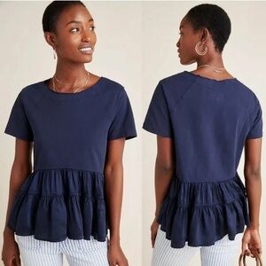 Anthropologie Iona Flounce Swing Mixed Media Boho Blouse Short Sleeve Size XS